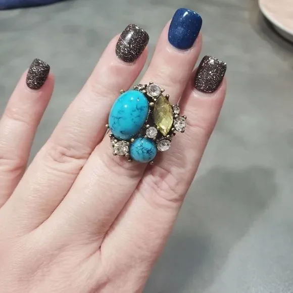 Turquoise Yellow Stone Rhinestone Statement Ring Antique Brass Stretch‎ Band - Picture 4 of 6